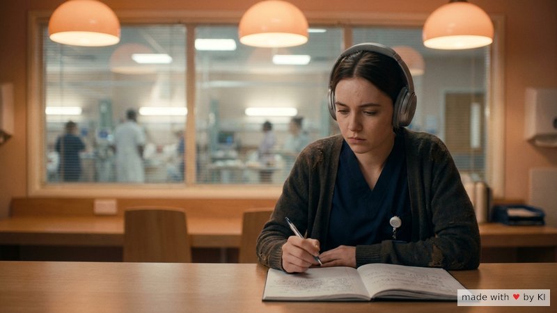 Junge Pflegerin sitzt mit Notizbuch in einem Pausenraum, lernt Sprachmuster, im Hintergrund Stationsalltag - hypnotische Sprache in den Pflegealltag integrieren