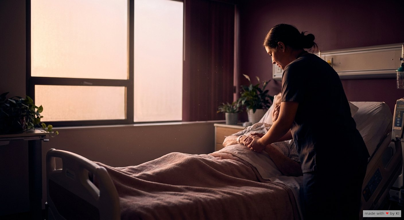 Pflegekraft sitzt am Bett einer älteren Patientin, legt die Hand auf den Unterarm, ruhiges Gespräch