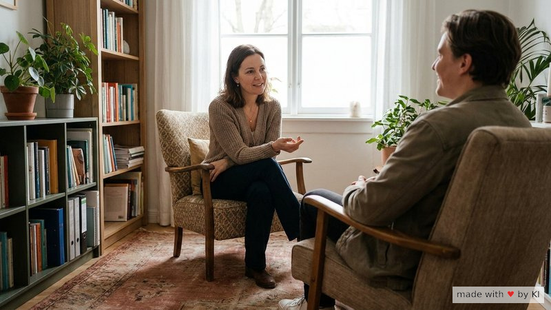 Psychologin im Gespräch mit Klient in heller Praxis - professionelle Therapieatmosphäre