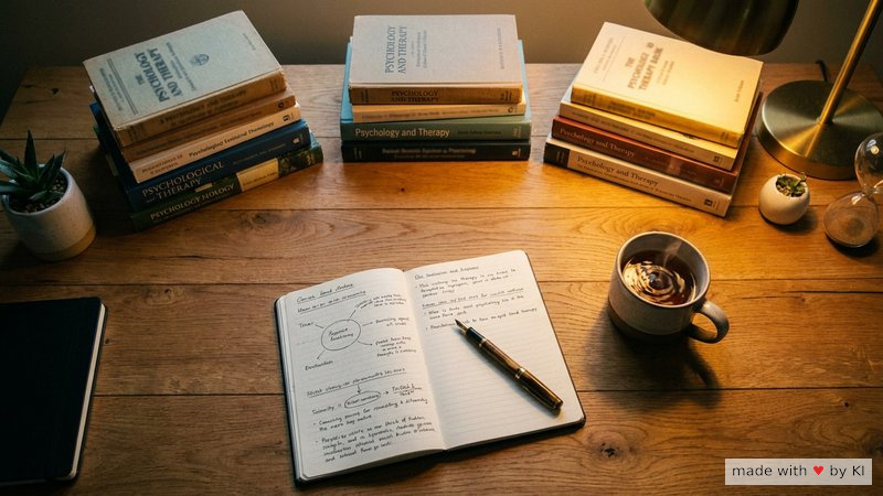 Schreibtisch mit Stapeln psychotherapeutischer Bücher, Notizbuch und Teetasse - das eigene Verfahren um Hypnose erweitern