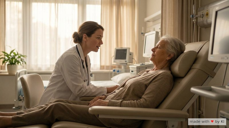 Ärztin im weißen Kittel im ruhigen Gespräch mit entspanntem Patienten - Hypnose als Add-On in der klinischen Praxis