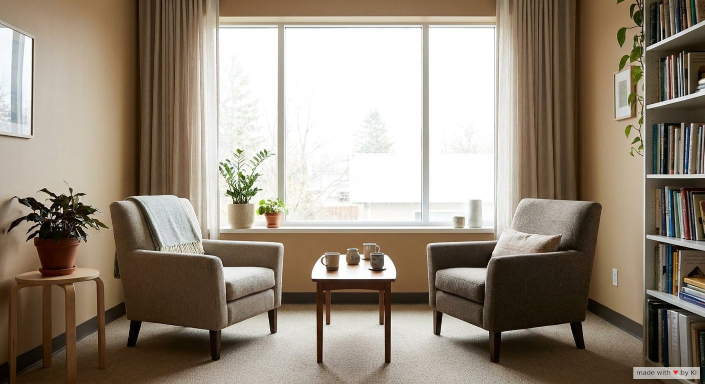 Psychologin und Klient sitzen in einer hellen Praxis im Gespräch - ruhige professionelle Therapieatmosphäre