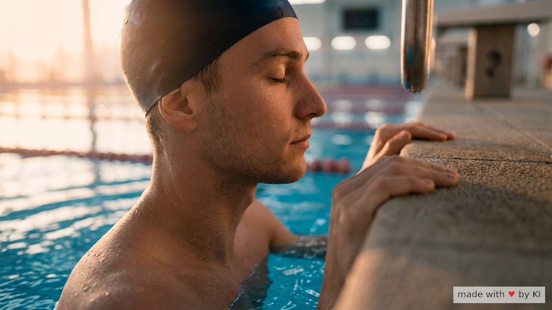 Schwimmer am Beckenrand mit geschlossenen Augen, sammelt sich vor dem Start - Sport-Hypnose im wachen Zustand