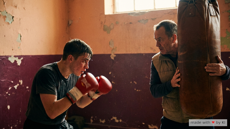 Boxer im Sparring mit dem Trainer am Sandsack, fokussierter Blick - Active-Alert-Hypnose im Bewegungsablauf