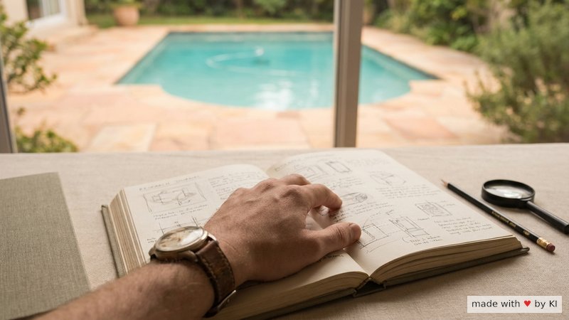 Hand auf einem aufgeschlagenen Forschungs-Journal mit einem Schwimmbecken im Hintergrund - die Forschung zur Sport-Hypnose wächst