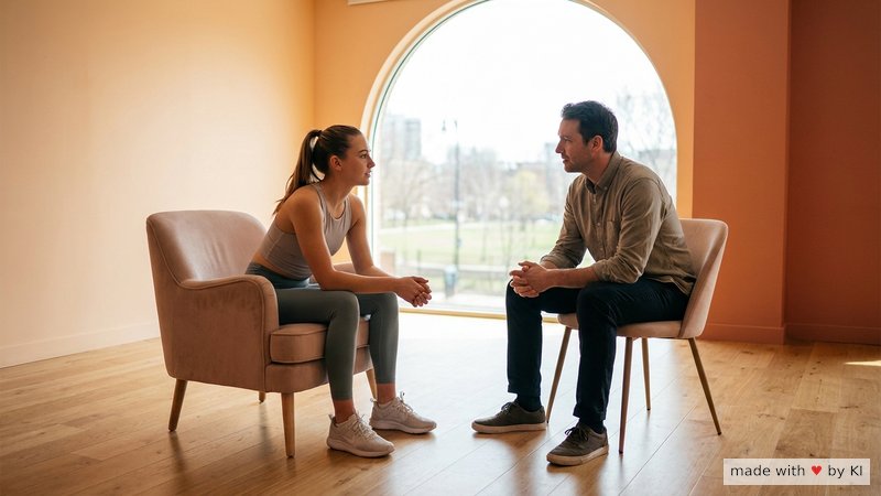 Sportlerin im Gespräch mit ihrem Hypnose-Coach in einer hellen Praxis - Auswahl eines guten Sport-Hypnotiseurs