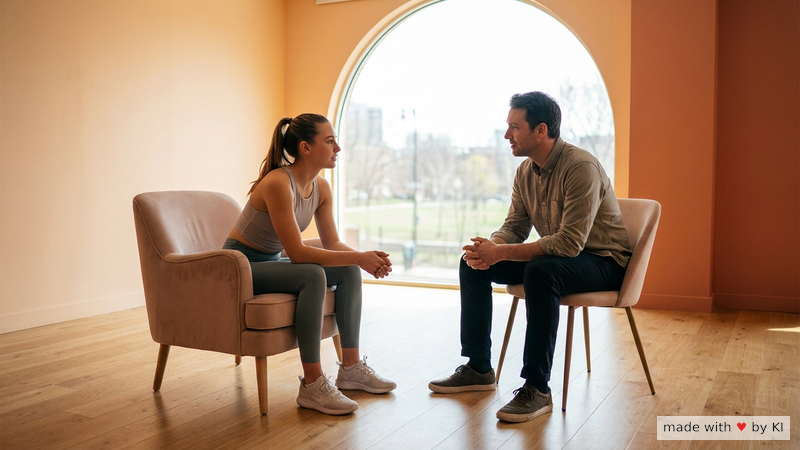 Sportlerin im Gespräch mit ihrem Hypnose-Coach in einer hellen Praxis - Auswahl eines guten Sport-Hypnotiseurs