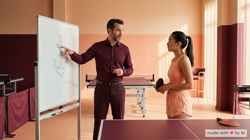 Hypnose-Coach erklärt einem Tischtennisspieler die Anker-Methode an einer Praxis-Tafel - Hypnose-Coach mit Sport-Spezialisierung