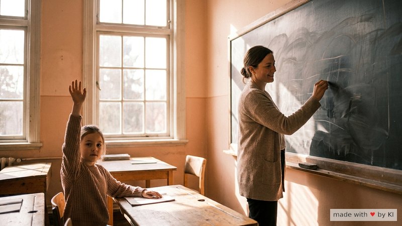 Lehrerin schreibt an die Tafel, eine Schülerin meldet sich entspannt - Mindset, Erwartung und Lehrer-Sprache im Klassenzimmer