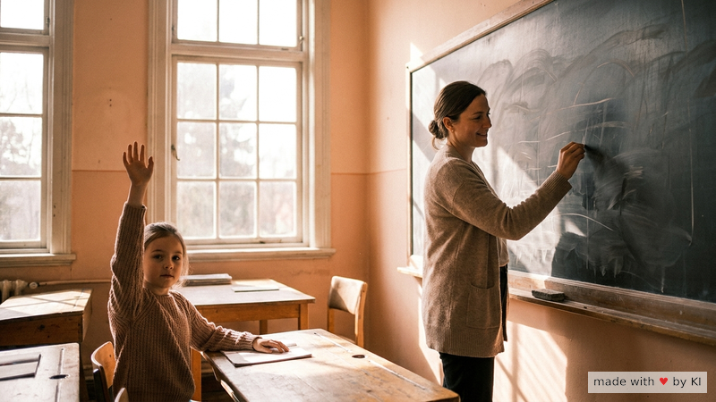 Lehrerin schreibt an die Tafel, eine Schülerin meldet sich entspannt - Mindset, Erwartung und Lehrer-Sprache im Klassenzimmer