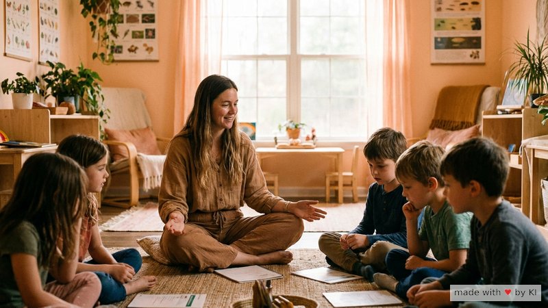 Eine Lehrerin mit ruhiger Körperhaltung führt eine konzentrierte Klasse durch eine Übung - hypnotische Prinzipien im Unterricht