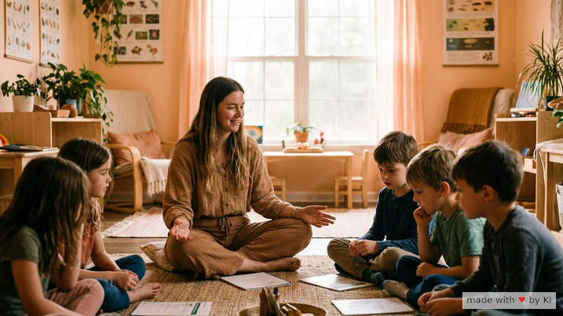 Eine Lehrerin mit ruhiger Körperhaltung führt eine konzentrierte Klasse durch eine Übung - hypnotische Prinzipien im Unterricht