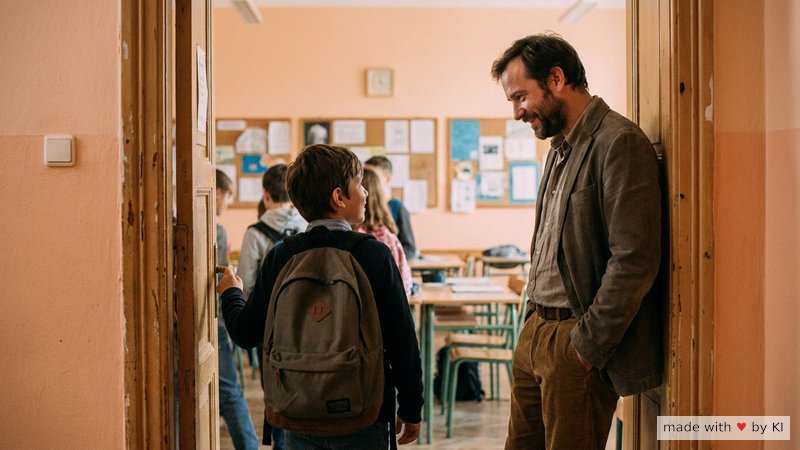 Lehrer steht entspannt an der Tür, begrüßt einzelne Schüler beim Eintreten und nimmt Blickkontakt auf - Klassenraum-Rituale