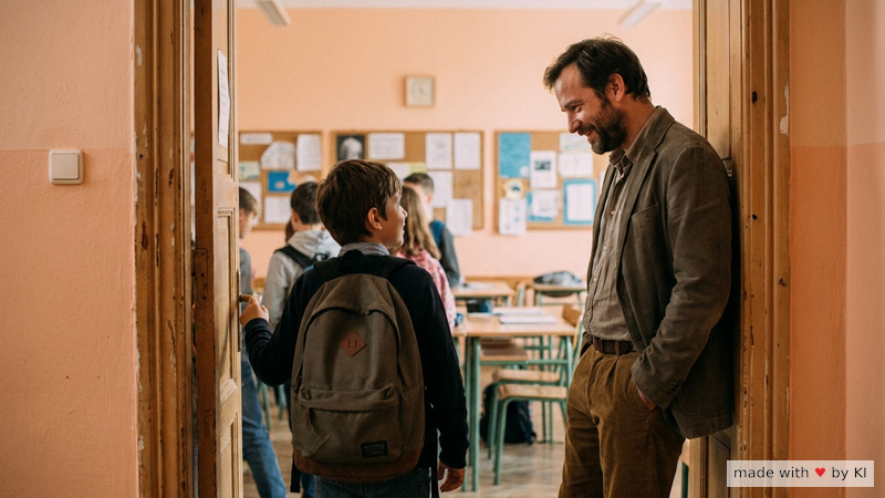 Lehrer steht entspannt an der Tür, begrüßt einzelne Schüler beim Eintreten und nimmt Blickkontakt auf - Klassenraum-Rituale