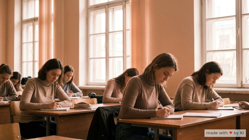 Schülerinnen schreiben konzentriert eine Klassenarbeit, Sonnenlicht fällt durch die Fenster - Anwendungsbereiche im Schulalltag
