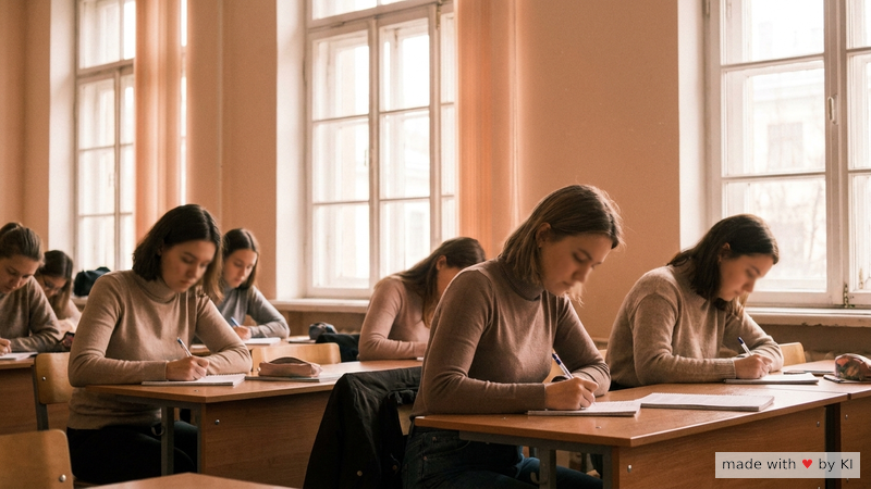 Schülerinnen schreiben konzentriert eine Klassenarbeit, Sonnenlicht fällt durch die Fenster - Anwendungsbereiche im Schulalltag