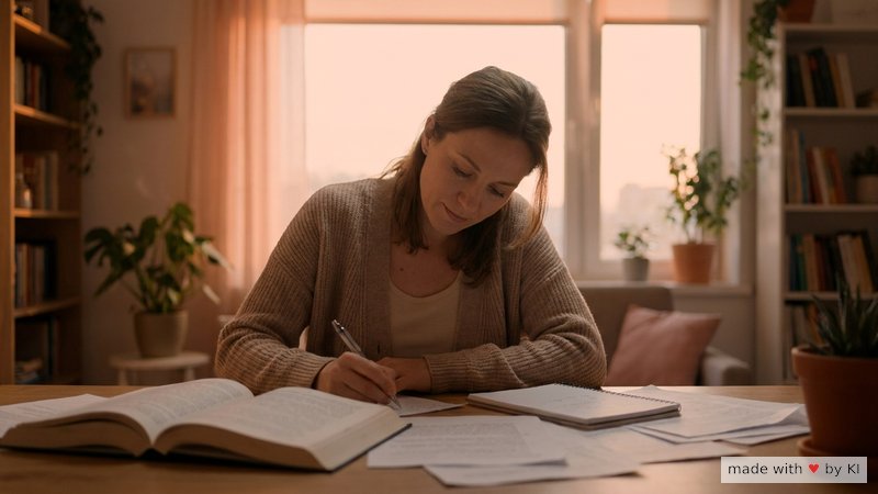 Pädagogin sitzt mit aufgeschlagenem Buch und Notizen am Schreibtisch in der Vorbereitung - tiefer in Hypnose und Pädagogik einsteigen