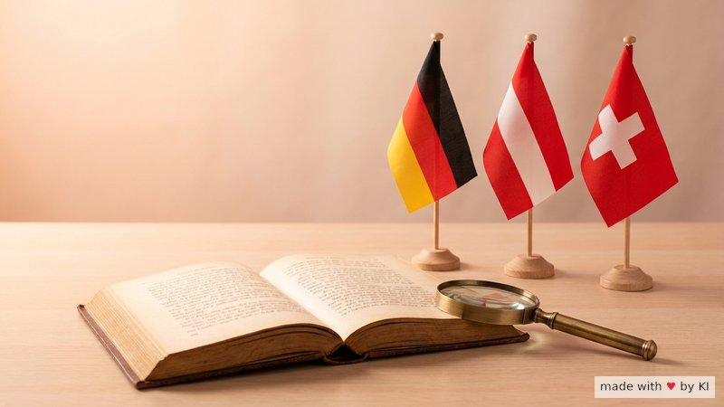 Aufgeschlagenes Gesetzbuch auf einem hellen Schreibtisch, daneben eine Lupe und drei kleine Flaggen DE AT CH - Grundprinzip Hypnose-Recht im DACH-Raum