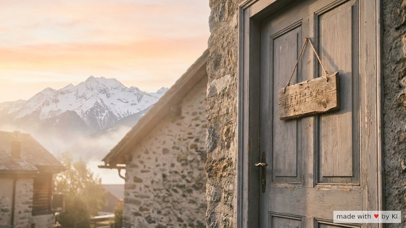 Praxis-Außenschild in der Schweiz mit Bergpanorama im Hintergrund - kantonal geregelte Hypnose-Bewilligung