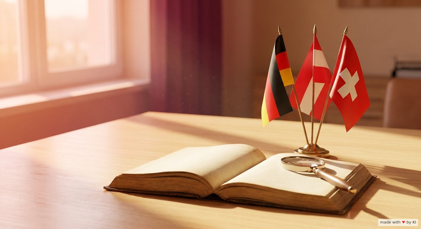 Drei Flaggen Deutschland, Österreich, Schweiz übereinander mit aufgeschlagenem Gesetzbuch im Vordergrund
