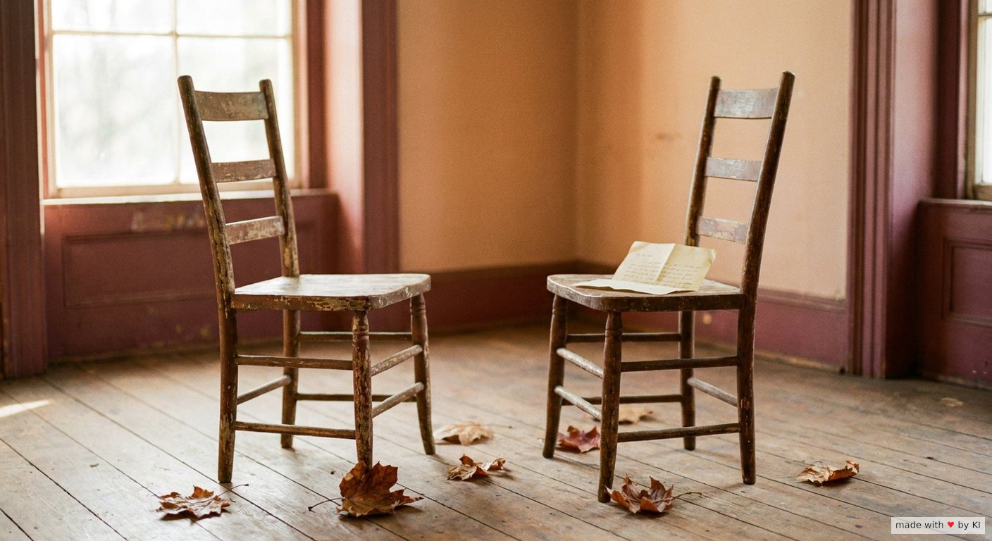 Hypnosystemische Trauerbegleitung: zwei leere Holzstühle im Herbstlicht, auf einem liegt ein gefalteter Brief