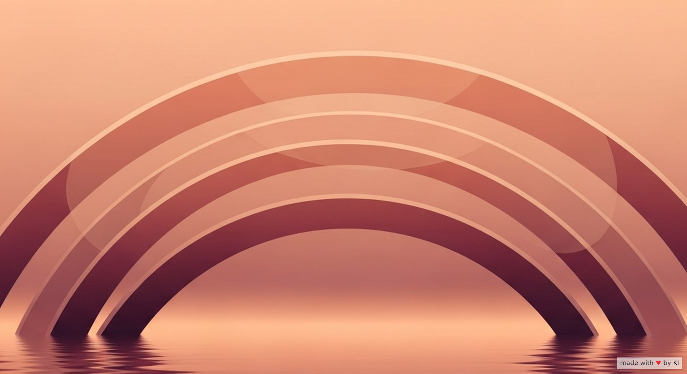 Drei sanft überlappende Bögen über einer Wasseroberfläche, weicher Peach-Burgund-Gradient