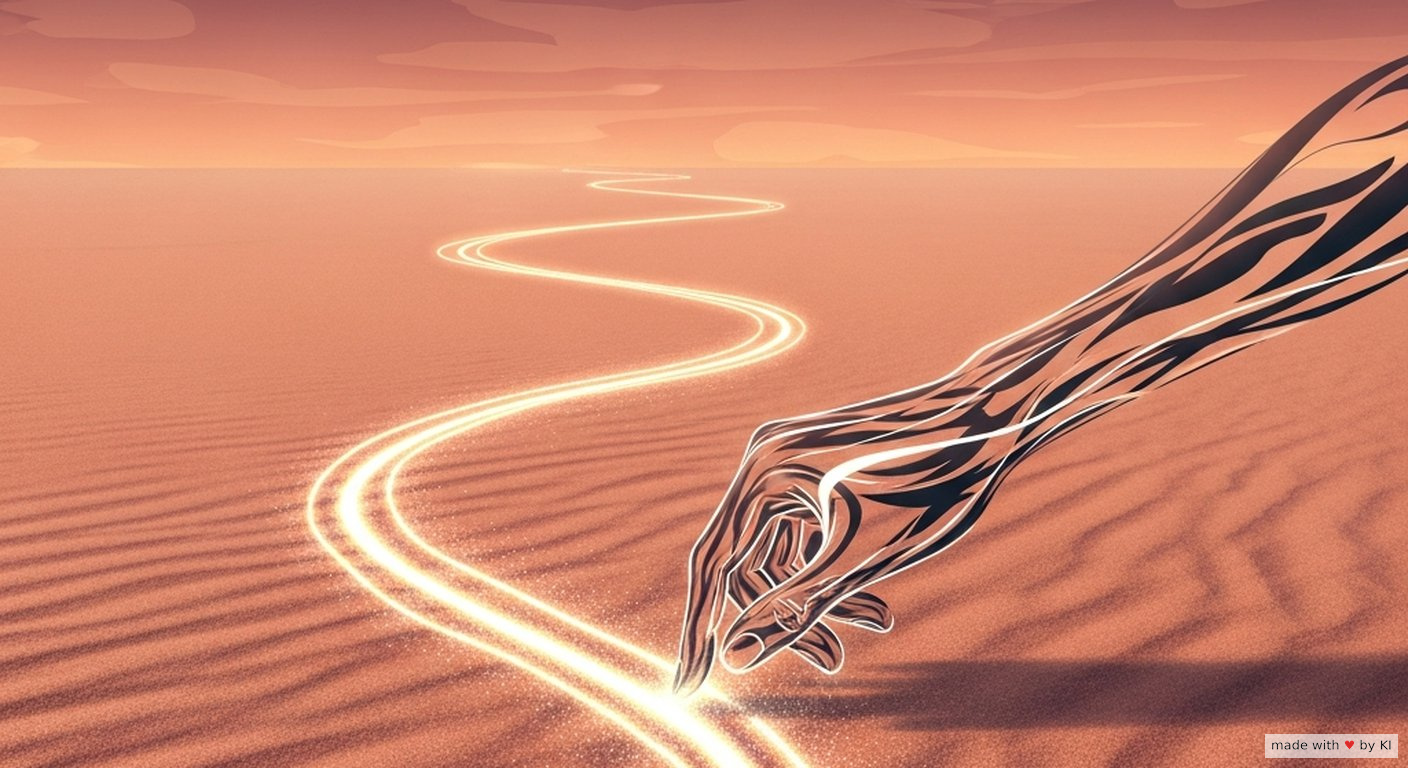 Eine Hand zeichnet eine zweite Spur neben der bestehenden in feinem Sand - Symbol für die Parallelrealität, die eine hypothetische Frage öffnet.