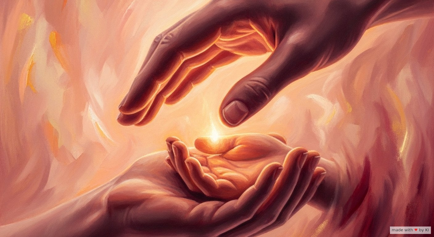Eine Hand reicht warm leuchtend zu einer kleineren Hand - inneres Kind in der Hypnose