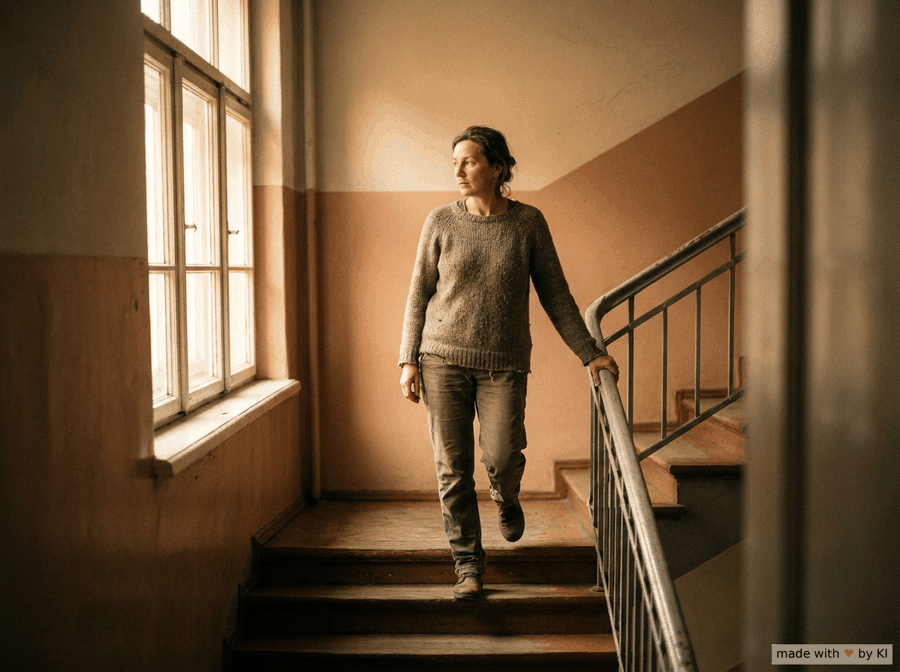Eine Frau geht in einem hellen Treppenhaus die Stufen hinunter, hält im Schritt inne und blickt zum Fenster