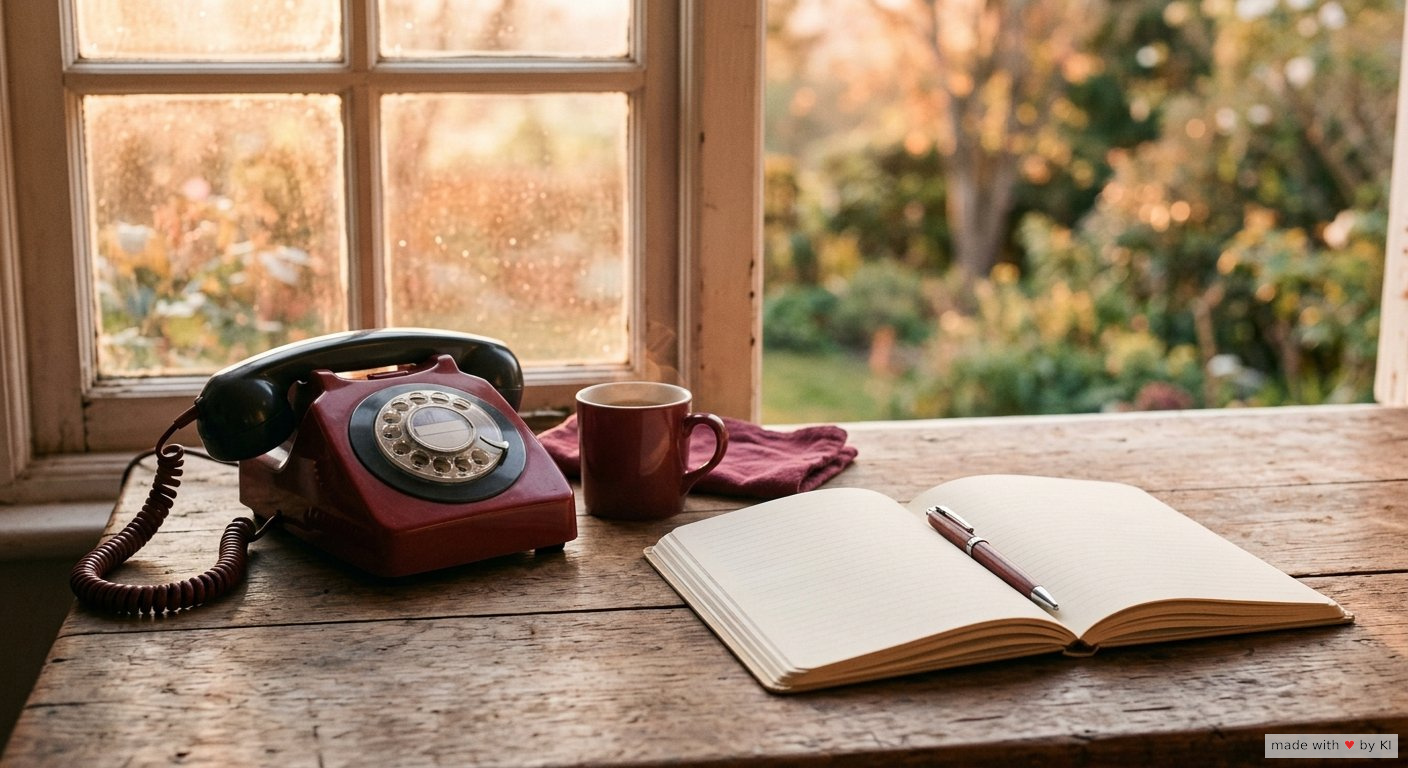 Telefon und aufgeschlagenes Notizbuch auf einem Schreibtisch, warmes Licht