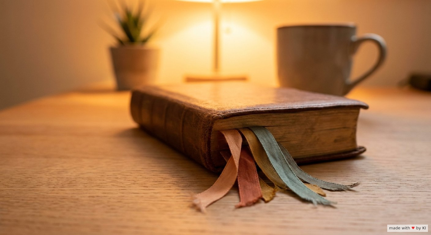 Kompaktes Fachbuch mit bunten Lesezeichen auf einem hellen Schreibtisch