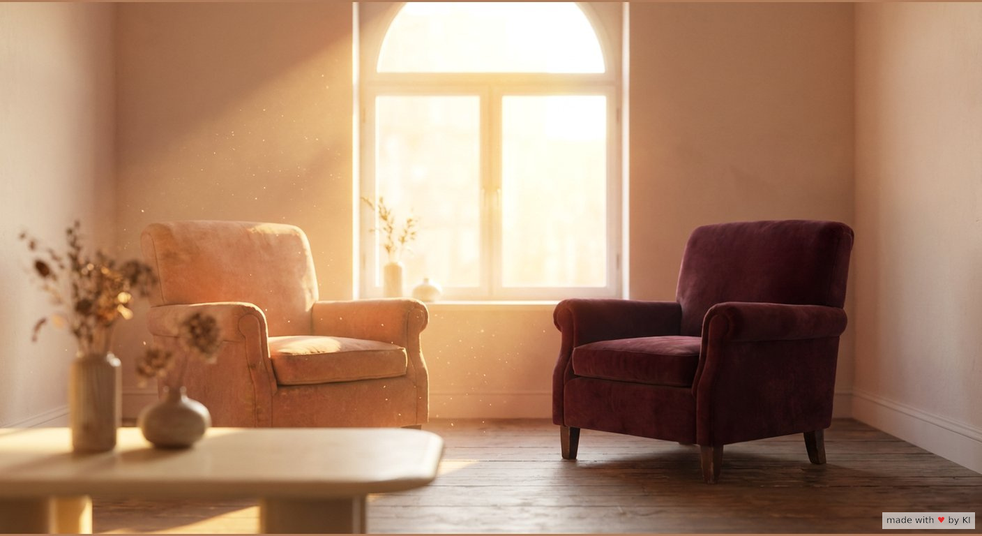 Zwei leere Sessel im warmen Gegenlicht als Bild für die Übertragung der Problemtrance im Coaching