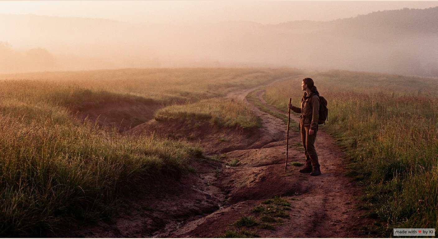 Wanderin mit Wanderstock auf einem Feldweg im Morgennebel, der Weg schlängelt sich zwischen Mulden und hohem Gras