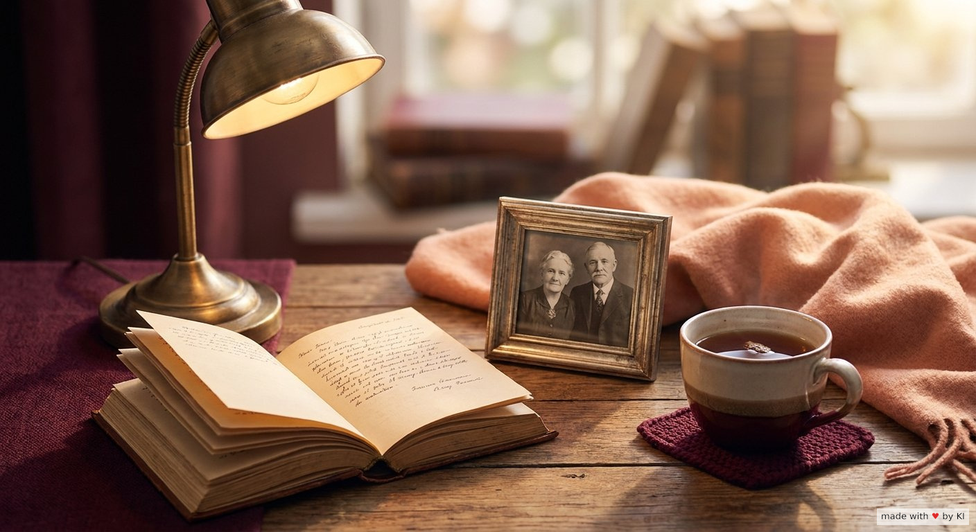 Aufgeschlagenes Buch mit Erickson-Geschichten auf einem warmen Holztisch