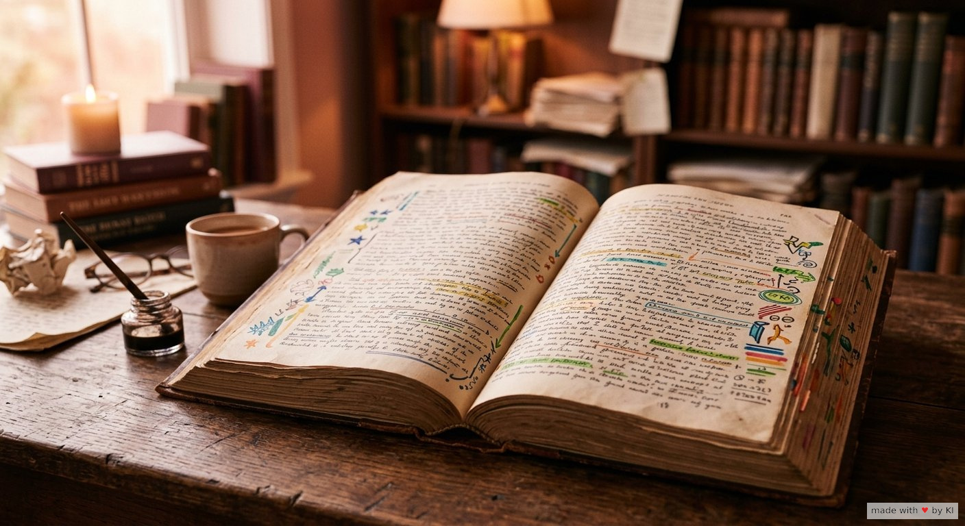 Aufgeschlagenes Schmidt-Buch mit Notizen und Markierungen auf einem Schreibtisch