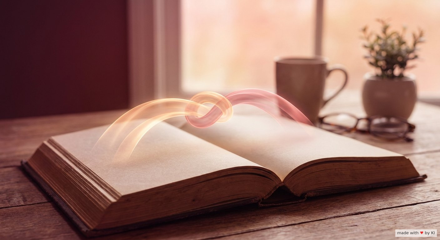 Aufgeschlagenes Fachbuch mit Markierungen auf einem Schreibtisch, warmes Licht