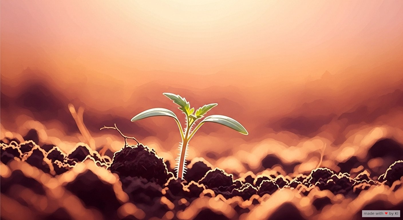 Seeding in der Hypnose - Symbolbild Saatkorn in warmer Erde, weiches goldenes Licht, Pfirsich- und Burgundertöne
