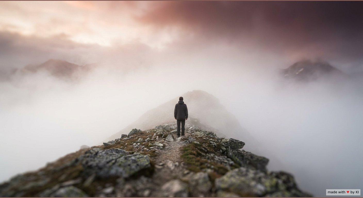 Wanderer steht allein auf einem Bergrücken im Nebel, der Weg vor ihm verschwindet im Weiß