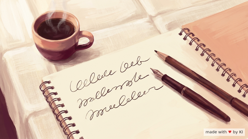 Notizbuch mit drei handgeschriebenen Einträgen am Morgen, Kaffeetasse daneben