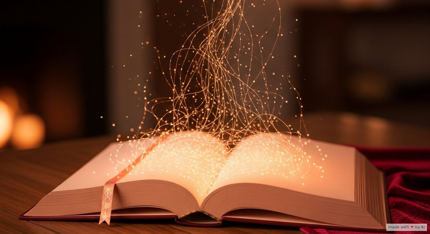 Storytelling Offenes Buch mit Lichtfaden als Symbol für hypnotisches Storytelling