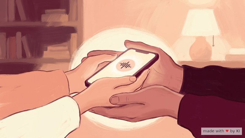 Zwei Hände nehmen auf dem Smartphone eine Sprachnachricht auf, Symbolbild für das Storytelling-Tandem