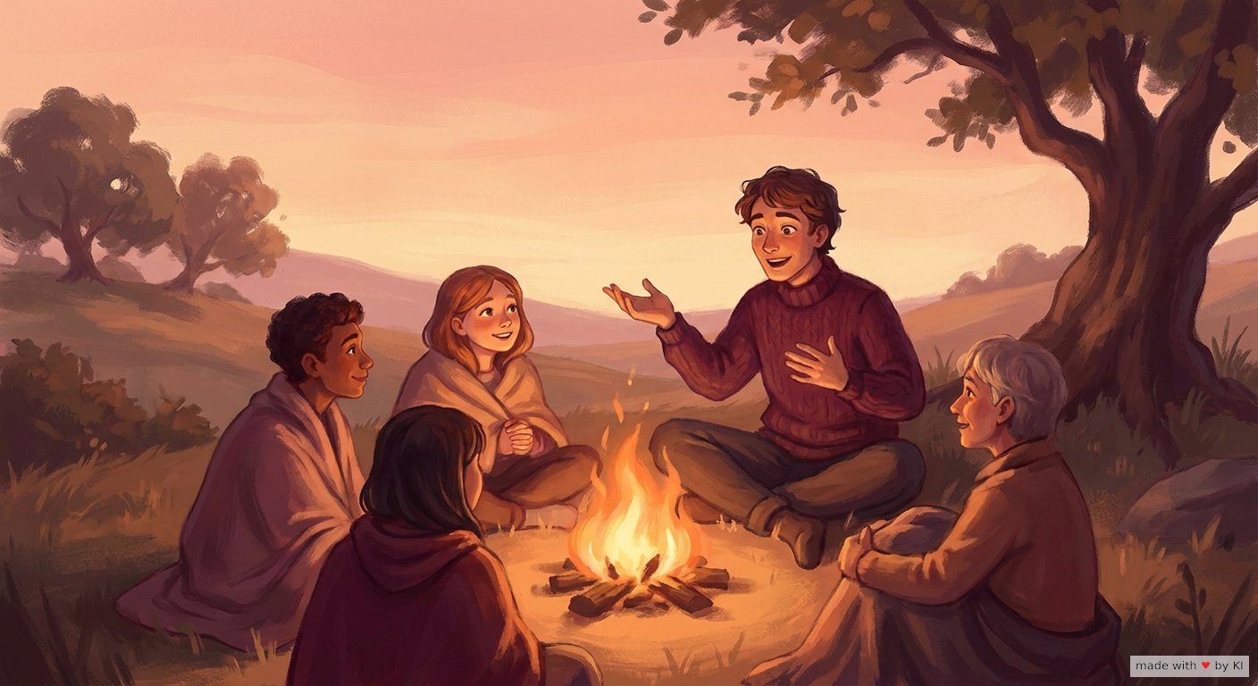 Person erzählt einer kleinen Gruppe am warmen Lagerfeuer eine Geschichte, Symbolbild für Storytelling lernen