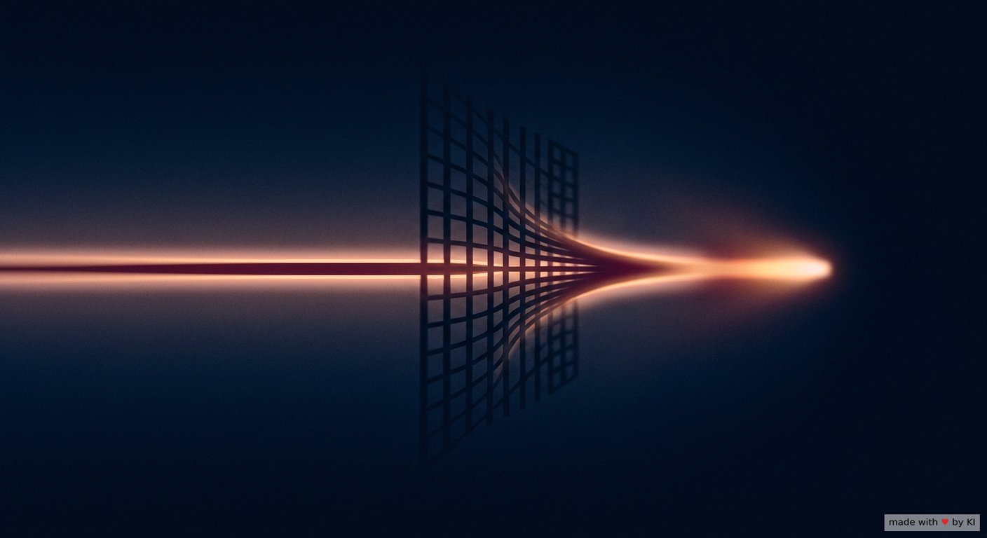Abstrakte warme Lichtlinie, die durch ein enger werdendes Gitter läuft und dahinter heller statt schwächer weiterleuchtet