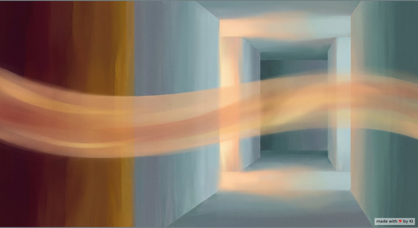 Abstrakte warme Lichtform, die als ruhiges Band durch einen kuehlen blaugrauen Raum zieht