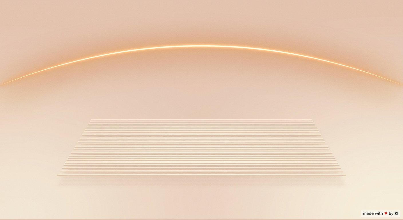 Abstrakte warme Lichtform, bei der eine einzelne präzise Linie heller leuchtet als ein dichtes Bündel danebenliegender Linien