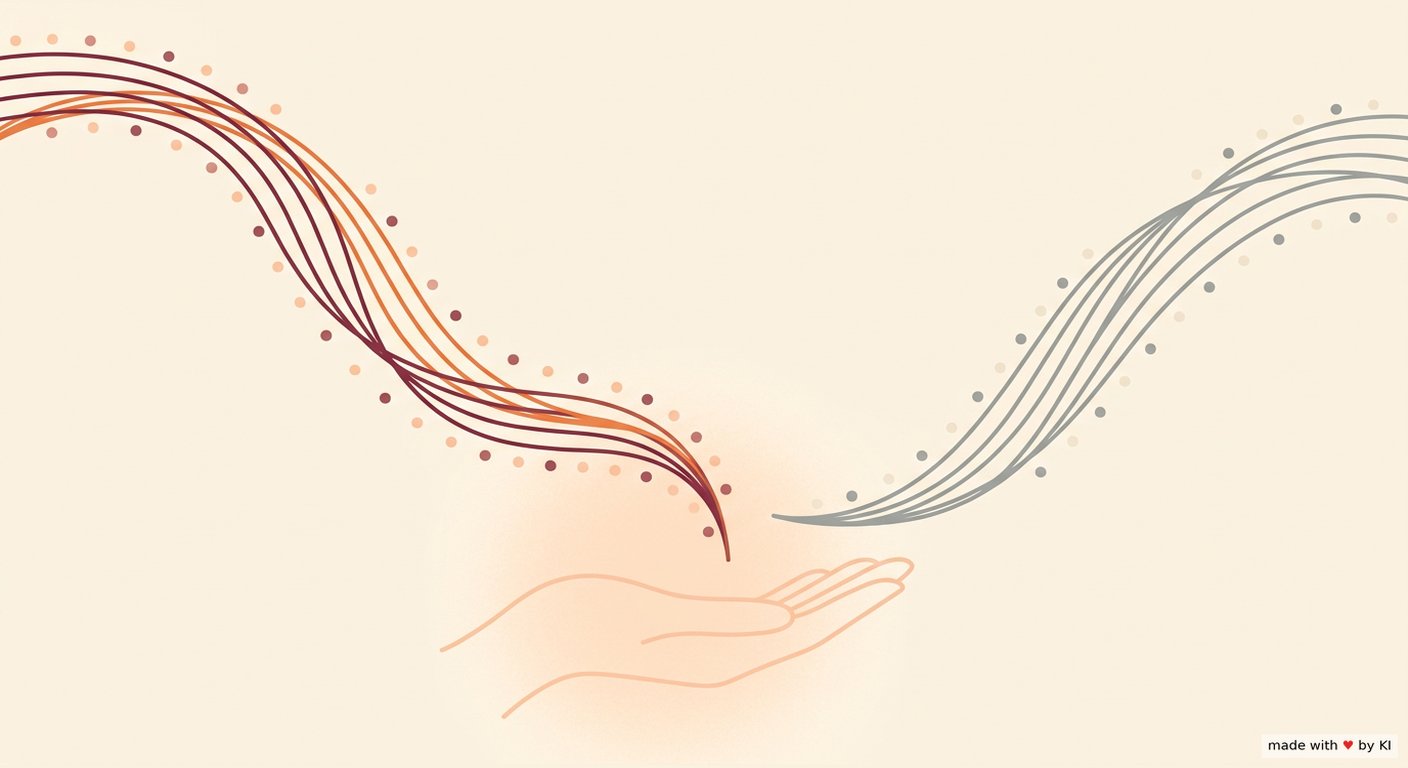 Eine ruhig geöffnete Hand unter einer absteigenden Kurve aus warmen Linien, daneben eine ansteigende Kurve in kühlem Grau