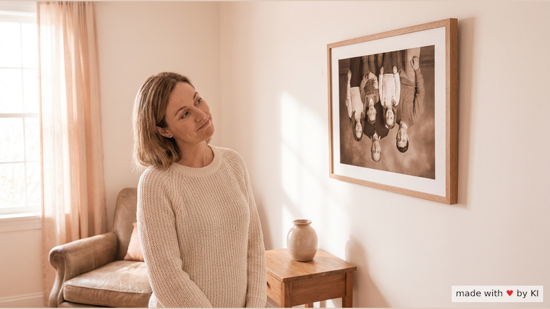 Gerahmtes Foto hängt kopfüber an einer Wand, eine Frau legt den Kopf schief und betrachtet es