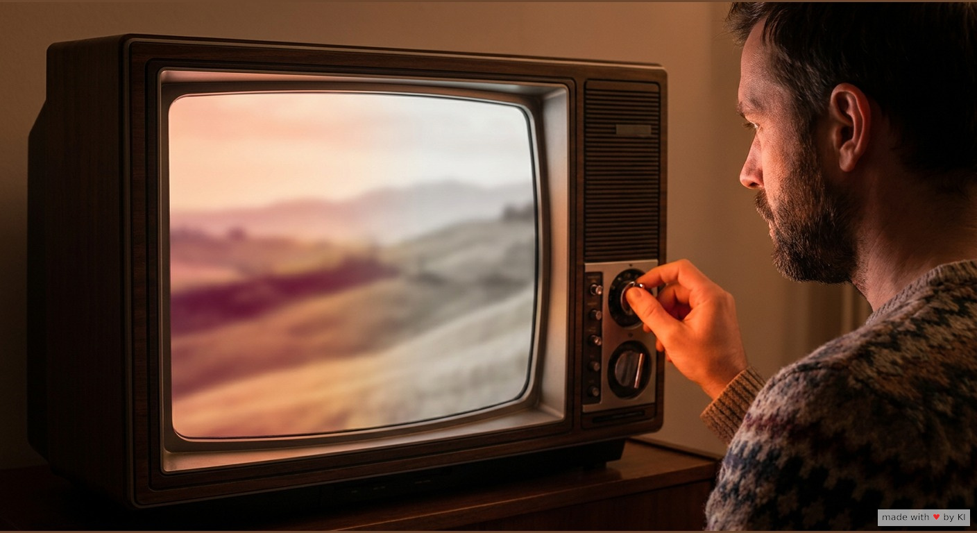 Mann dreht im abgedunkelten Raum am Regler eines alten Röhrenfernsehers, das Landschaftsbild darin verliert nach rechts hin seine Farbe