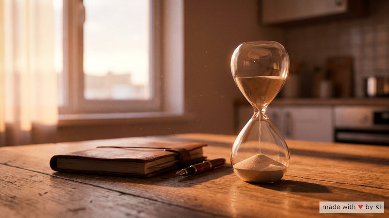 Eine Sanduhr steht auf einem Küchentisch neben einem Notizblock, Symbolbild für eine fest terminierte Grübelzeit