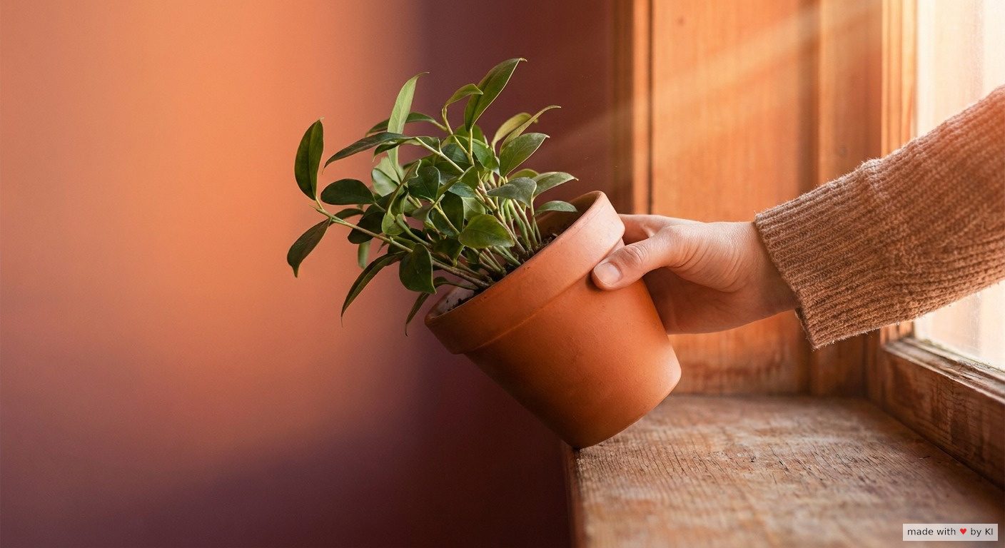 Eine Hand hält eine Zimmerpflanze absichtlich schief ins Licht, Symbolbild für die Symptomverschreibung in der Hypnose